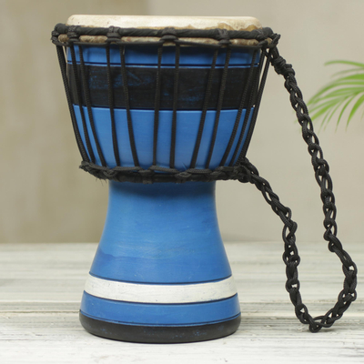 Wood mini-djembe drum, Blue Invitation to Peace
