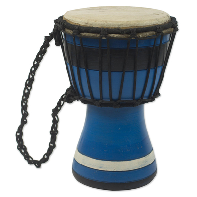 Wood mini-djembe drum, 'Blue Invitation to Peace' - Blue Decorative Djembe Drum Artisan Crafted in West Africa
