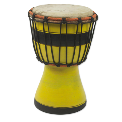 Tambor mini-djembe de madera - Tambor amarillo djembe decorativo de África occidental hecho a mano artesanalmente
