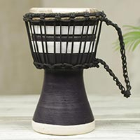 Wood mini-djembe drum, 'Black Invitation to Peace' - Artisan Crafted West African Decorative Djembe Black Drum