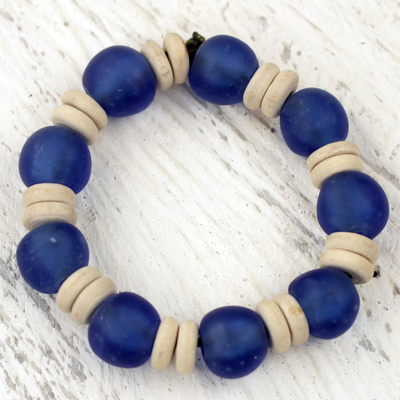 Recycled glass and wood stretch bracelet, Accra Blue