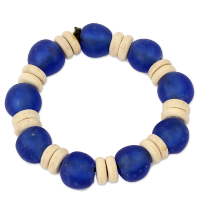 Blue Beaded Stretch Bracelet with Recycled Glass and Wood