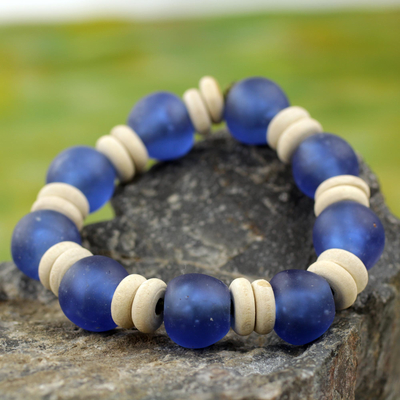 Recycled glass and wood stretch bracelet, 'Accra Blue' - Blue Beaded Stretch Bracelet with Recycled Glass and Wood