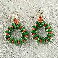 Wood beaded earrings, 'Summer Fun' - Dangle Earrings with Green and Orange Wood Beads