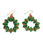 Wood beaded earrings, 'Summer Fun' - Dangle Earrings with Green and Orange Wood Beads