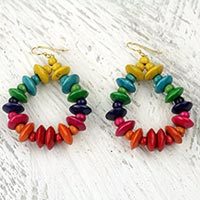 Wood dangle earrings, 'Joyous Celebration' - Colorful Fair Trade Beaded Wood Dangle Earrings from Ghana