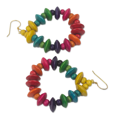 Wood dangle earrings, 'Joyous Celebration' - Colorful Fair Trade Beaded Wood Dangle Earrings from Ghana