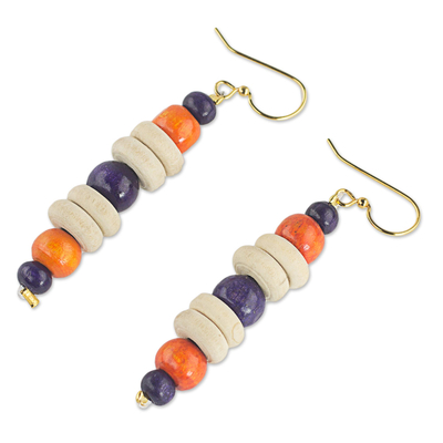 Wood dangle earrings, 'Summer Rain' - Purple and Orange Sese Wood Dangle Earrings