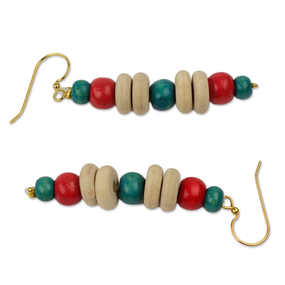 Wood dangle earrings, 'Cascade of Color' - Red and Green Accent Beaded Wood Dangle Earrings