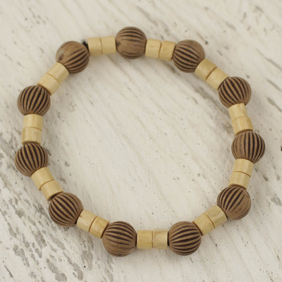 Wood stretch bracelet, 'Beige Fantasy' - Artisan Crafted Sese Wood and Recycled Plastic Bracelet