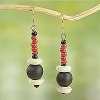 Agate and wood beaded earrings, 'Stay with Me' - Red Agate and Wood Beaded Earrings Artisan Crafted Jewelry