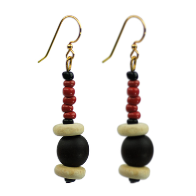 Agate and wood beaded earrings, 'Stay with Me' - Red Agate and Wood Beaded Earrings Artisan Crafted Jewellery