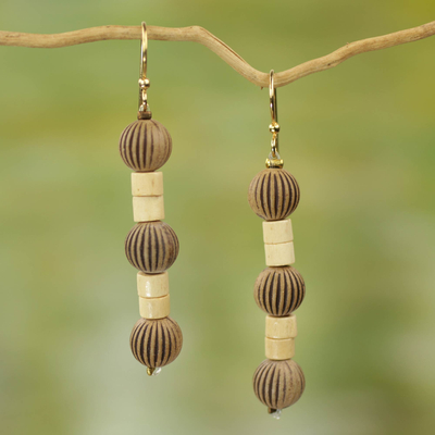 Wood dangle earrings, 'Paper Lanterns' - Recycled Plastic Wood Dangle Earrings from West Africa