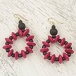 Hand Crafted Sese Wood Dangle Earrings from Ghana, 'Bloom in Magenta'