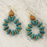 Wood dangle earrings, 'Adipa in Turquoise' - Artisan Crafted Beaded Wood Dangle Earrings from Ghana