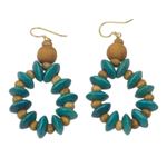 Wood dangle earrings, 'Adipa in Turquoise' - Artisan Crafted Beaded Wood Dangle Earrings from Ghana