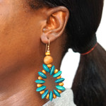 Wood dangle earrings, 'Adipa in Turquoise' - Artisan Crafted Beaded Wood Dangle Earrings from Ghana