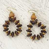 Wood dangle earrings, 'Bloom in Chocolate' - Fair Trade Sese Wood Beaded Dangle Earrings from Ghana