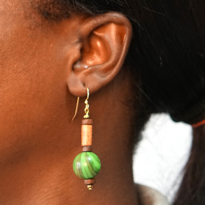 Upcycled dangle earrings, 'Simplicity Globes' - Hand Crafted Sese Wood and Upcycled Plastic Dangle Earrings