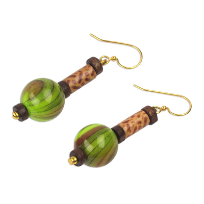 Upcycled dangle earrings, 'Simplicity Globes' - Hand Crafted Sese Wood and Upcycled Plastic Dangle Earrings