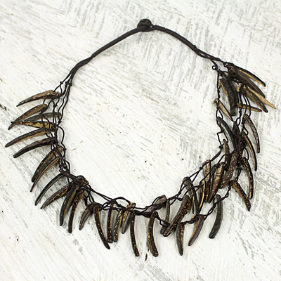 Coconut shell necklace, 'Valiant Warrior' - Handmade Coconut Shell Necklace on Double Strand Nylon Cords