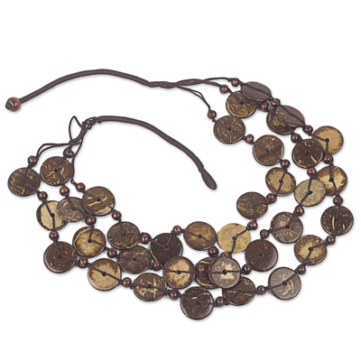 Coconut shell strand necklace, 'Coconut Wave' - Coconut Shell Strand Necklace Handmade in Ghana