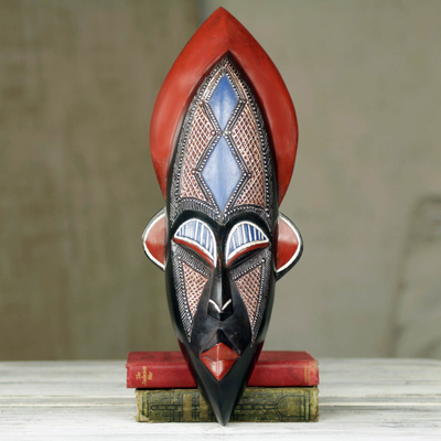 Máscara de madera africana - Máscara de África occidental hecha a mano artesanal adornada marrón y azul