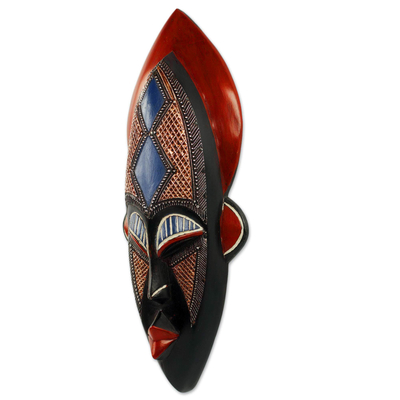 Máscara de madera africana - Máscara de África occidental hecha a mano artesanal adornada marrón y azul