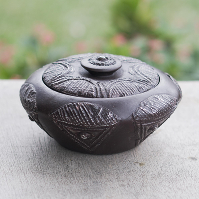 Decorative wood box, 'Brekusu' - Hand Carved Circular Box and Lid in Wood with Repousse