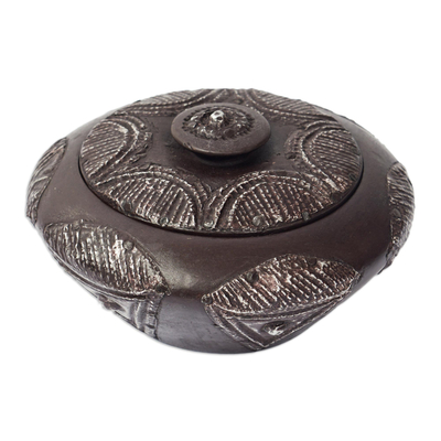 Hand Carved Circular Box and Lid in Wood with Repousse