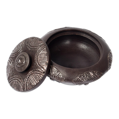 Decorative wood box, 'Brekusu' - Hand Carved Circular Box and Lid in Wood with Repousse