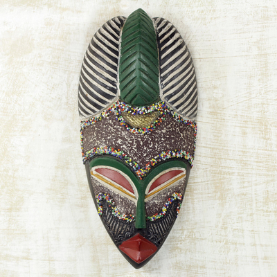 African wood mask, 'Pride of a Queen' - colourful Wood and Metal Mask with Recycled Glass Beads