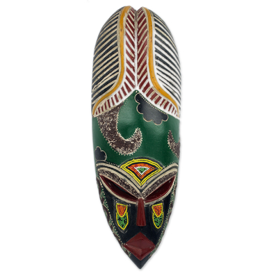 African wood mask, 'Fearless Warrior' - Colorful Beaded Wood Mask from Ghanaian Artisan