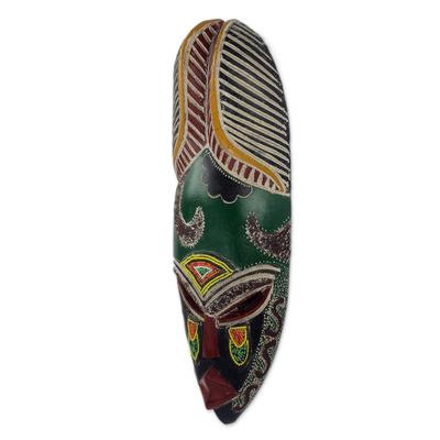 African wood mask, 'Fearless Warrior' - Colorful Beaded Wood Mask from Ghanaian Artisan
