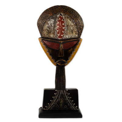 African wood mask, 'Good Lady' - Multicolor Handcrafted African Mask on Stand