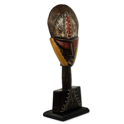 Máscara de madera africana - Máscara africana artesanal multicolor en soporte