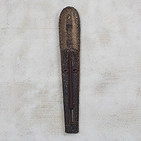 African wood mask, 'Beautiful Nketiabah' - Long African Sese Wood and Aluminum Mask from Ghana
