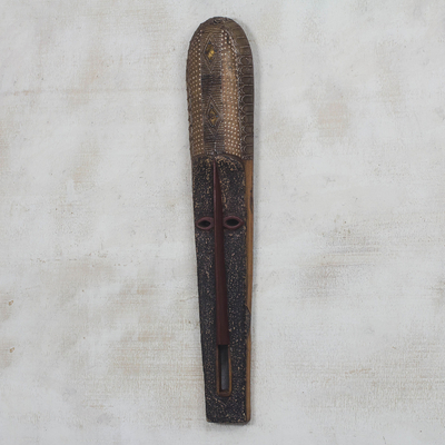 African wood mask, 'Beautiful Nketiabah' - Long African Sese Wood and Aluminum Mask from Ghana