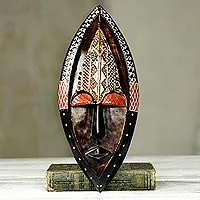 African Sun Mask Wood Aluminum Recycled Glass Bead Ghana