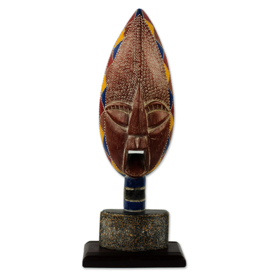 African wood mask, 'African Warrior' - Handcrafted African Wood Warrior Mask on Stand