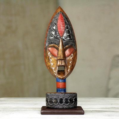 African wood mask, 'Warrior of Africa' - Hand Carved Wood African Warrior Mask on Stand