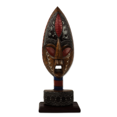 African wood mask, 'Warrior of Africa' - Hand Carved Wood African Warrior Mask on Stand