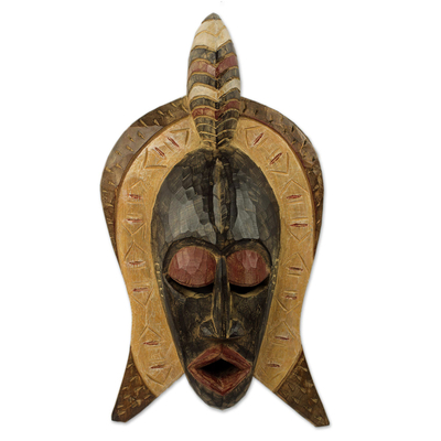 African wood mask, 'Imaginary Dagomba King' - Artisan Dagomba Theme Hand Carved African Wall Mask