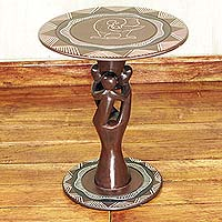 Wood accent table, 'Past and Present Unity' - Brown and Black African Style Accent Table with Bird Motif