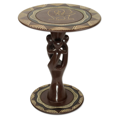 Mesa decorativa de madera - Mesa decorativa de estilo africano en marrón y negro con motivo de pájaro