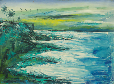 'Sunday Morning' - Tranquil Blue Riverbank Signed Acrylic on Canvas from Ghana