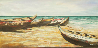 „Tuesday Fishing“ – Signiertes Acrylgemälde auf Leinwand mit Meereslandschaft mit Kanus