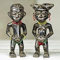 African wood fertility dolls, 'Heartfelt Wish' (pair) - Hand Crafted Wood Fertility Dolls with Glass Beads