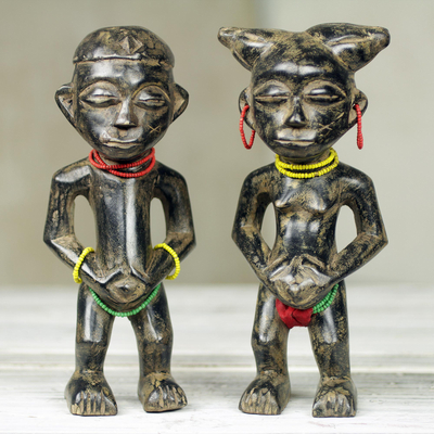 African wood fertility dolls, 'Heartfelt Wish' (pair) - Hand Crafted Wood Fertility Dolls with Glass Beads