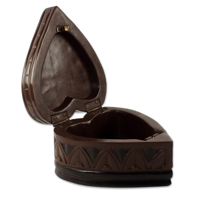 Wood jewelry box, 'Heart of Africa' - Ghanaian Hand Carved Heart Shaped Jewelry Box